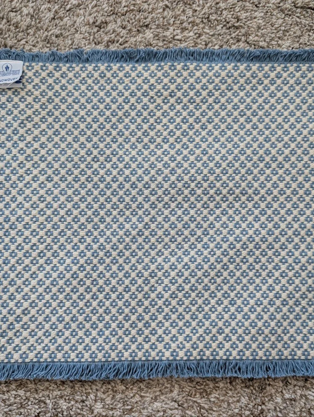 Handmade Berea College Crafts Blue and Cream Woven Table Place Mat with Fringe